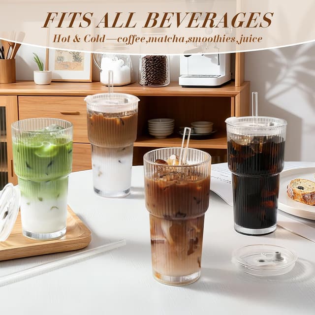 Detalle de Ribbed Glass Iced Coffee Cups with Lids, Straw & Leak-Proof Design (Set of 4) – 20oz Tumblers