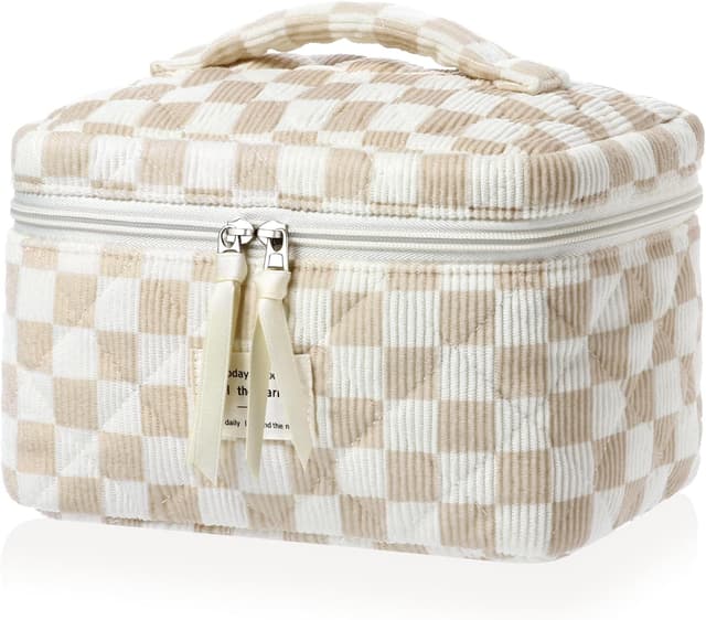 Detalle de BuyCard Kosmetiktasche 3er-Set aus Cord (Khaki Check) – Kulturbeutel Damen für Reise & Alltag