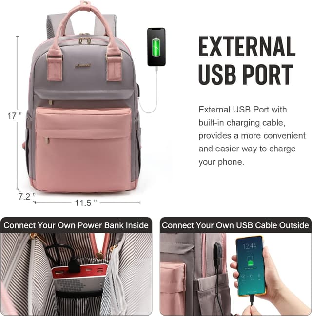 Detalle de LOVEVOOK Rucksack Damen für 15,6-Zoll-Laptop (29 x 43 x 18 cm) – wasserdicht, mit USB-Anschluss, Rosa-Grau