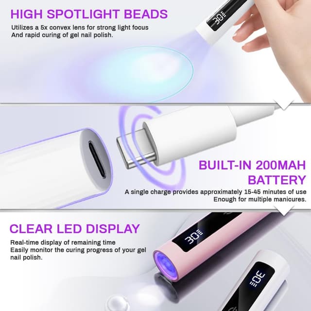 Detalle de Flintronic Lampe UV Ongles Gel 3W portable avec support, double minuteur 30s/60s et écran tactile
