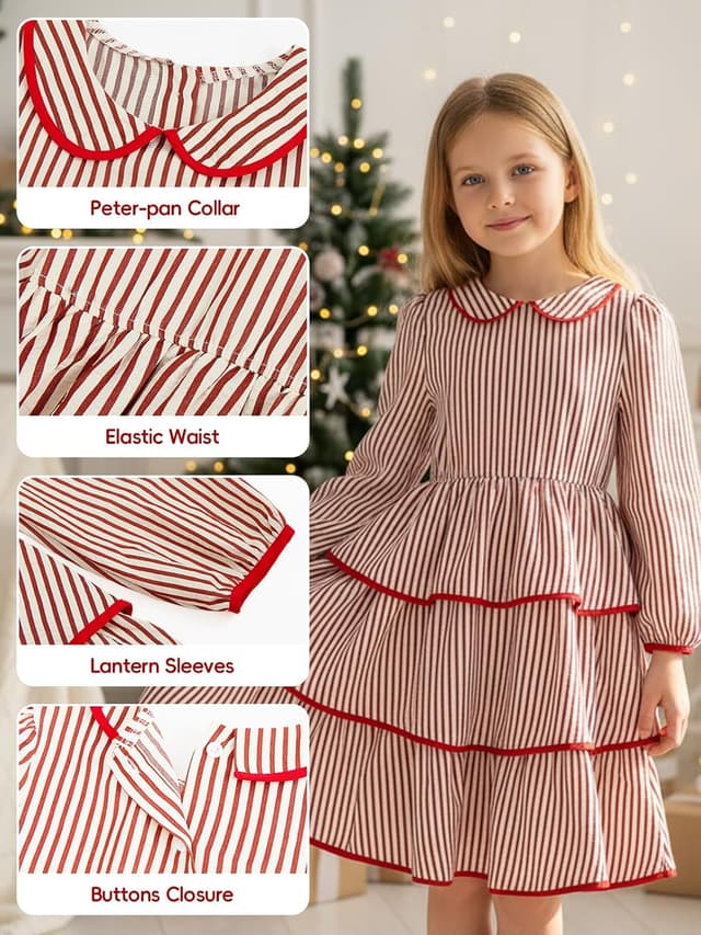 Detalle de JiAmy Girls Long Sleeve Vintage Peter Pan Collar Tiered Dress (4–12 years)