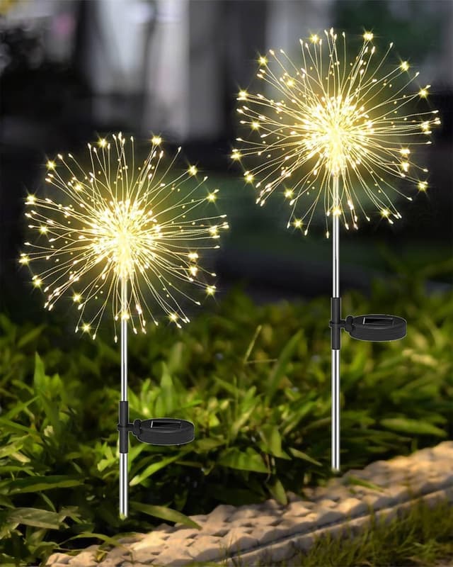 Detalle de Joysing Firework Solar Lights Outdoor Garden (2 Pack, 120 LED) – Warm White, Waterproof Starburst Path Lights with 8 Modes