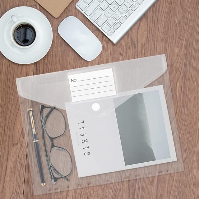 Detalle de Dokumententasche A4 Sichtertasche (20 Stück) mit Klettverschluss und Lochrand – wasserdichtes PP-Material für Ordnung