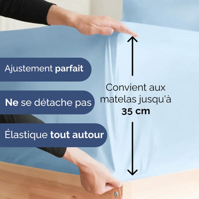 Detalle de Ensemble de draps 4 pièces bleu clair pour matelas jusqu’à 35 cm (drap plat, drap-housse 135x190 et 2 taies 50x80)