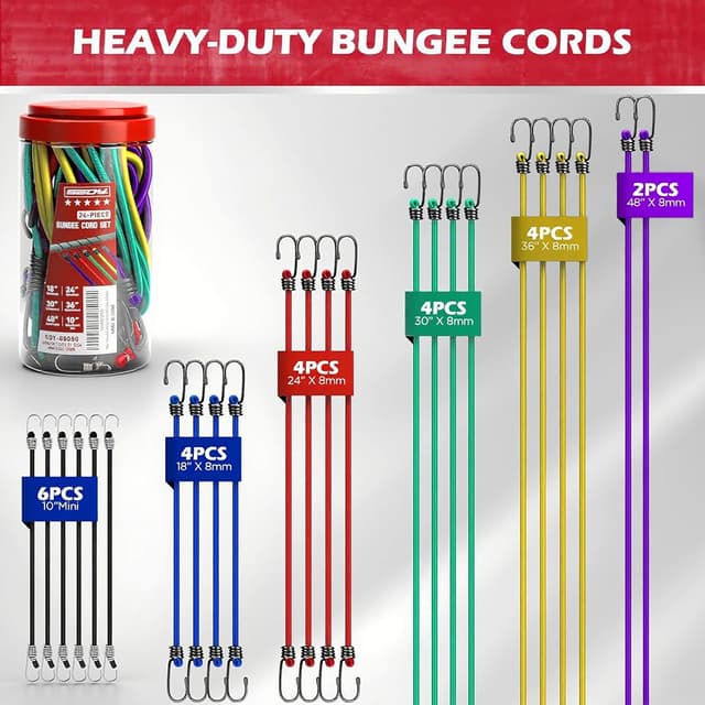 Detalle 2 de 24-Piece Premium Heavy-Duty Bungee Cords Outdoor Set with Hooks in Storage Jar (10"–48" lengths)