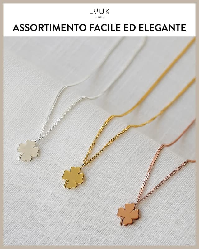 Detalle de LUUK LIFESTYLE collana in argento sterling 925 con ciondolo quadrifoglio e cartolina Happiness (50 cm)