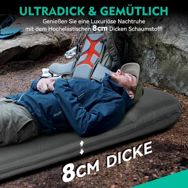 Detalle 2 de HIKENTURE Isomatte selbstaufblasend (8 cm) mit eingebettetem Kissen für Camping & Wandern