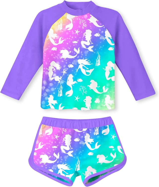 Detalle de TUONROAD Girls 2-Piece Rash Guard Swimsuit (Long Sleeve Tankini) for Ages 4–10