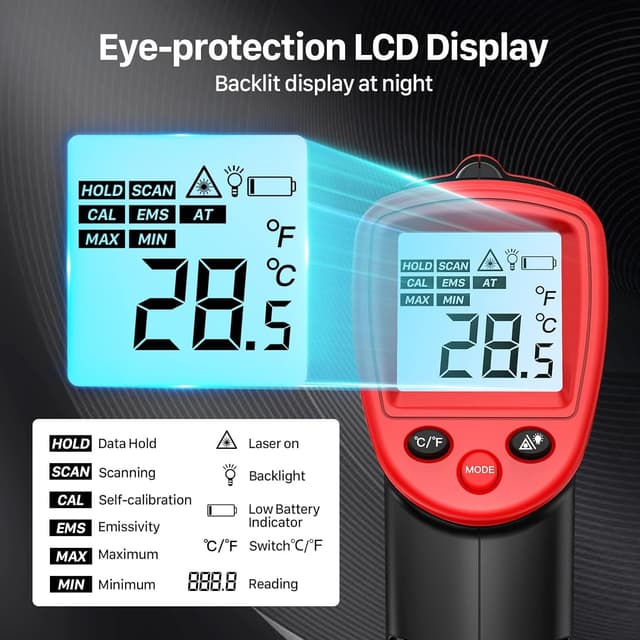 Detalle 2 de Eventek Infrared Thermometer Gun (-50°C to 600°C) digital laser pyrometer for non-contact temperature checks