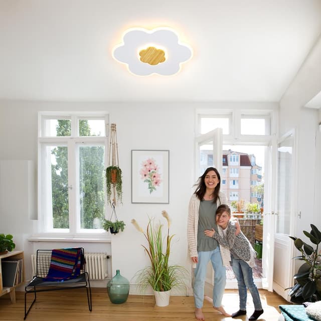 Detalle de Plafonnier LED enfant en forme de fleur (bois) dimmable 3000K–6000K, 35W, 50 cm avec veilleuse