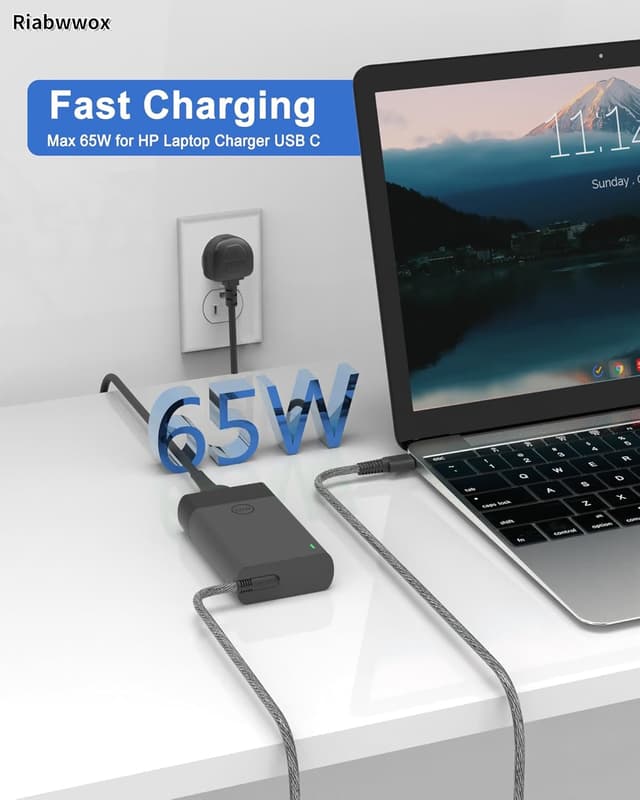 Detalle 1 de Riabwwox 65W USB-C Laptop Charger (Type-C) for HP EliteBook, ProBook, Envy and more