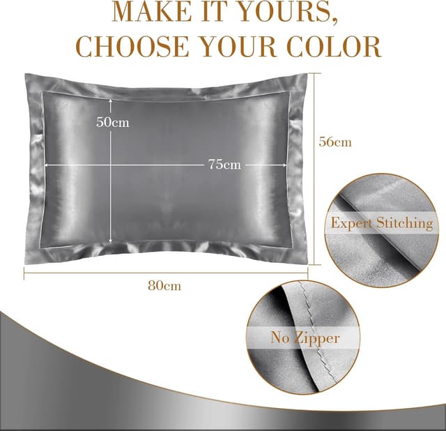 Detalle 2 de UQQU 2 Pack Natural Mulberry Silk Pillowcase Set (Grey) – 50 x 75 cm