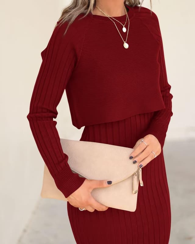 Detalle de LACOZY ribbed knit 2-piece sweater dress set for women (long sleeve crop top + bodycon midi)