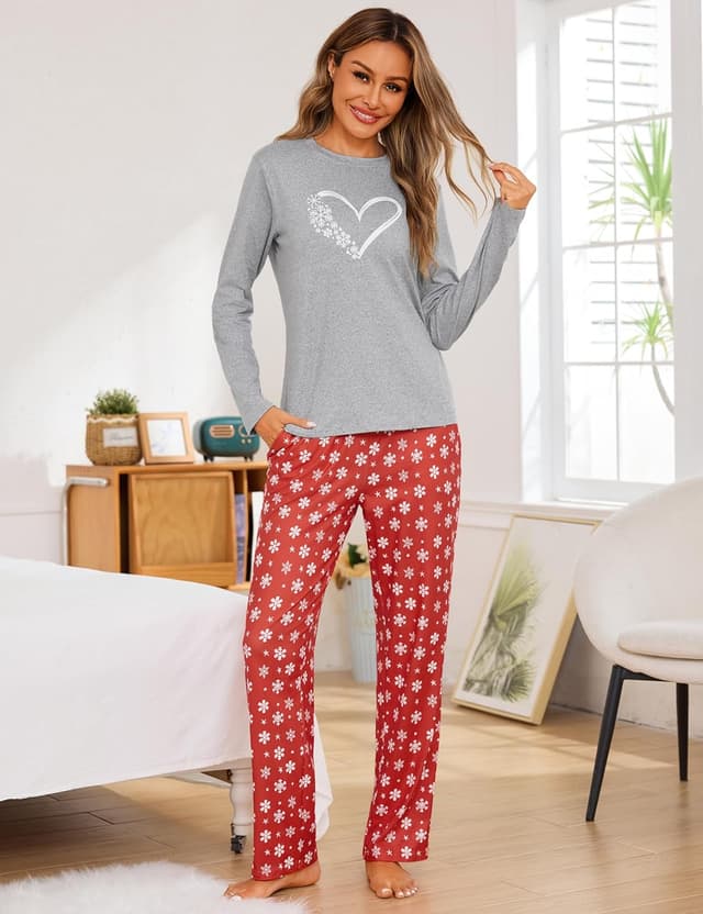 Detalle de Demegimi Damen Schlafanzug lang mit Rundhals, Baumwolle – Winter-Pyjama mit Schneeflocken-Motiv