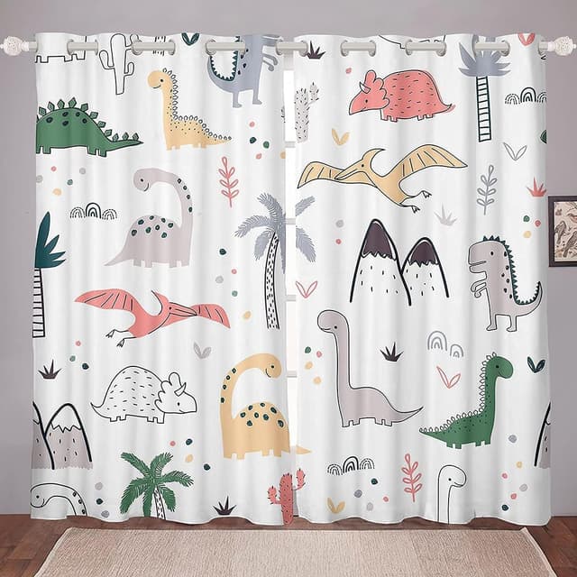 Detalle de Loussiesd Baby Dinosaurier Fenstervorhang Set (2 Paneele) 175 x 140 cm – blickdichte Mikrofaser-Dekovorhänge für Kinderzimmer