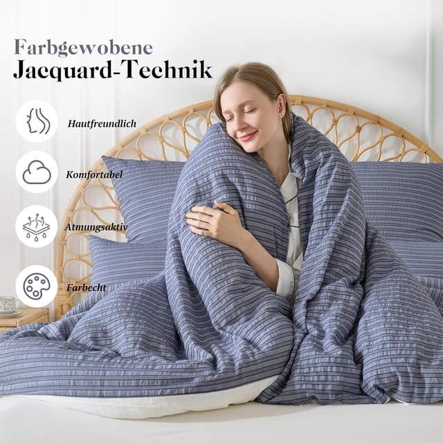 Detalle de SOULFUL Bettwäsche-Set 155x220 aus Baumwolle gestreift (Jacquard), 1x 155x220 + 1x 80x80, marineblau