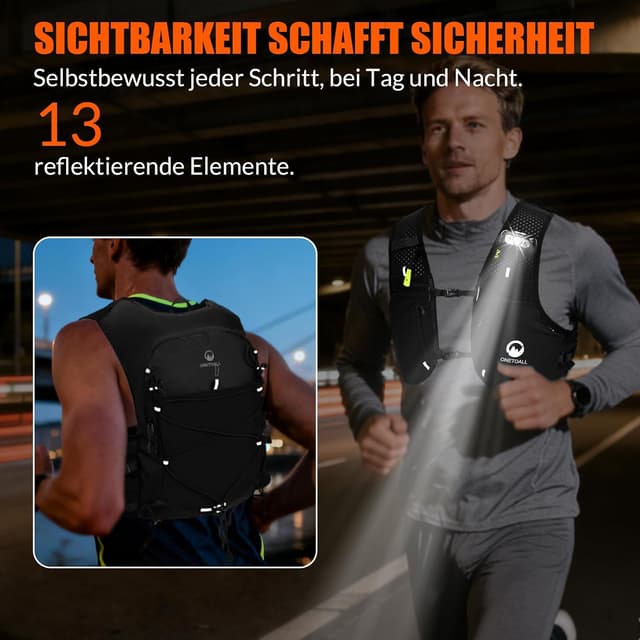 Detalle 2 de ONETOALL Laufweste Damen mit 2 faltbaren Trinkflaschen (500 ml) & reflektierendem LED-Licht – 13 Reflektorpunkte