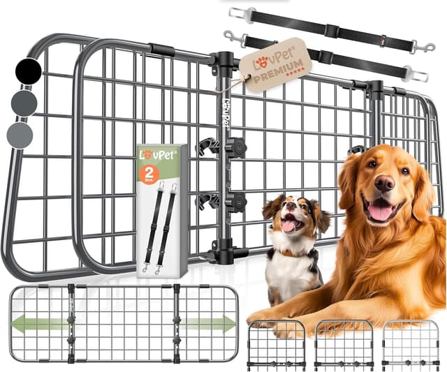 Detalle de LOVPET Hundegitter Auto (Autoschutzgitter/Trenngitter) verstellbar 30 x 91–153 cm inkl. 2 Sicherheitsgurte, Anthrazit