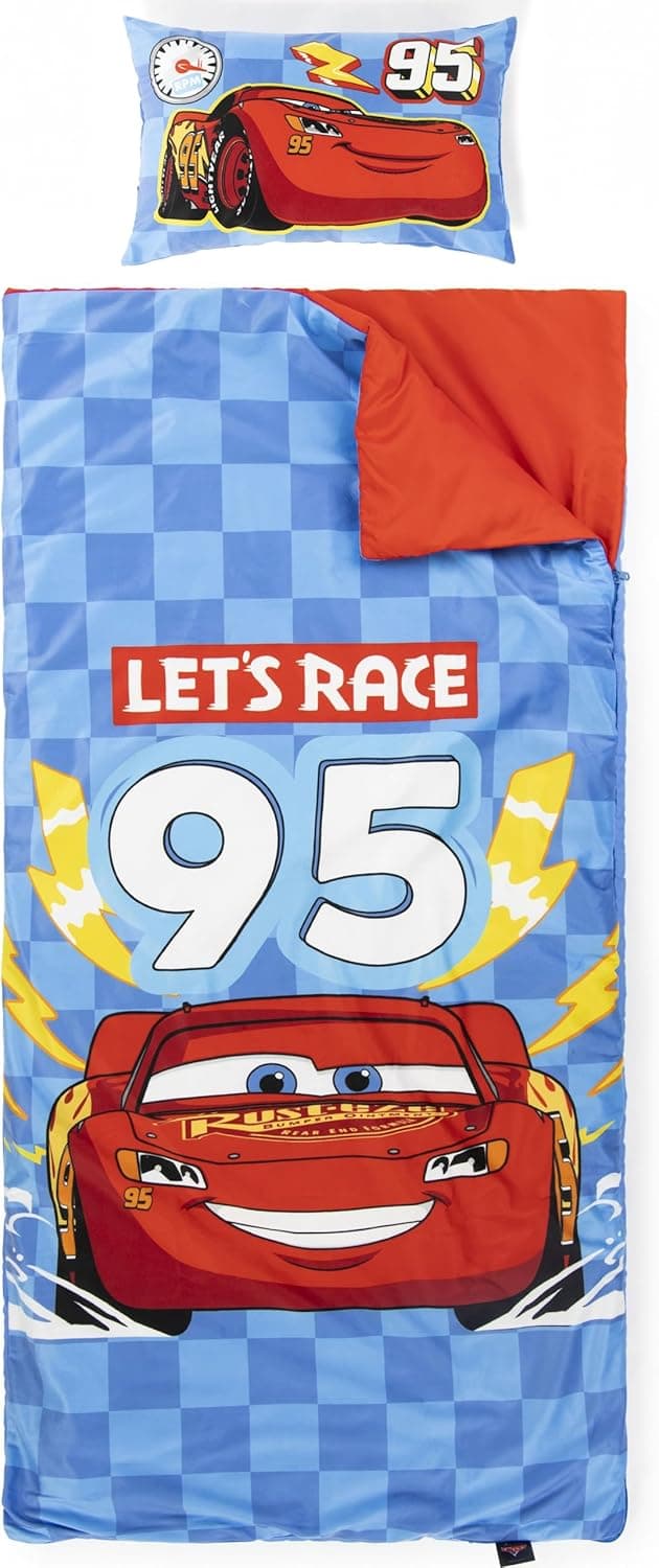 Detalle de Children’s Slumber Bag & Pillow Set – Cosy Cars theme (137 x 61 cm) for indoor sleepovers & school trips