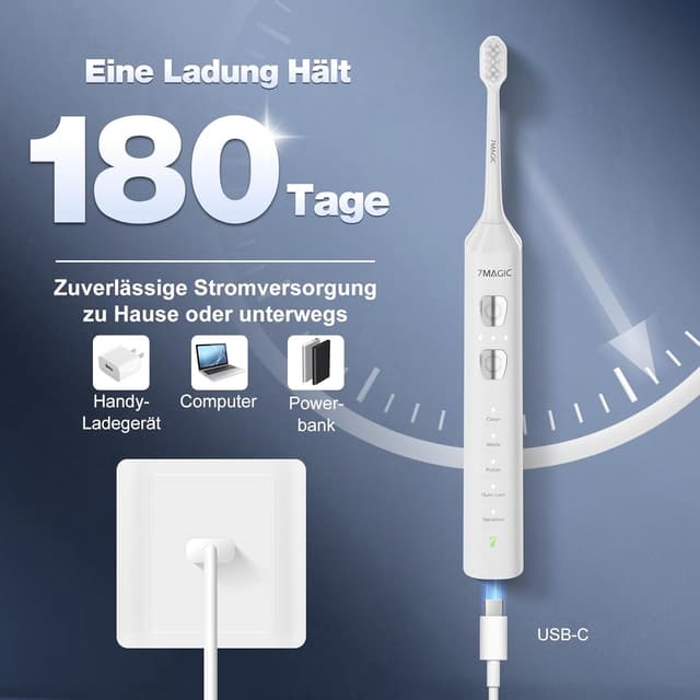 Detalle de 7MAGIC Elektrische Zahnbürste & Schallzahnbürste mit 3 Intensitäten, 5 Modi, 40.000 VPM, IPX7 und 180 Tagen Akku