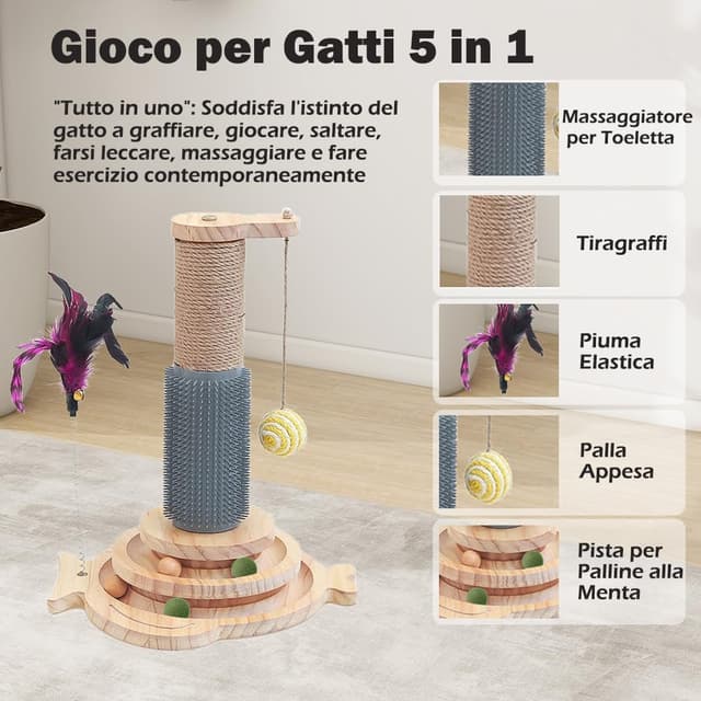 Detalle 2 de Marchul 5 in 1 Giocattolo per gatti con tiragraffi in sisal e palline appese