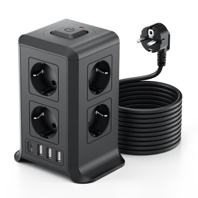 Detalle de Multiprise avec interrupteur, tour 8 prises AC et 4 USB (3 USB-A + 1 USB-C) câble 3 m