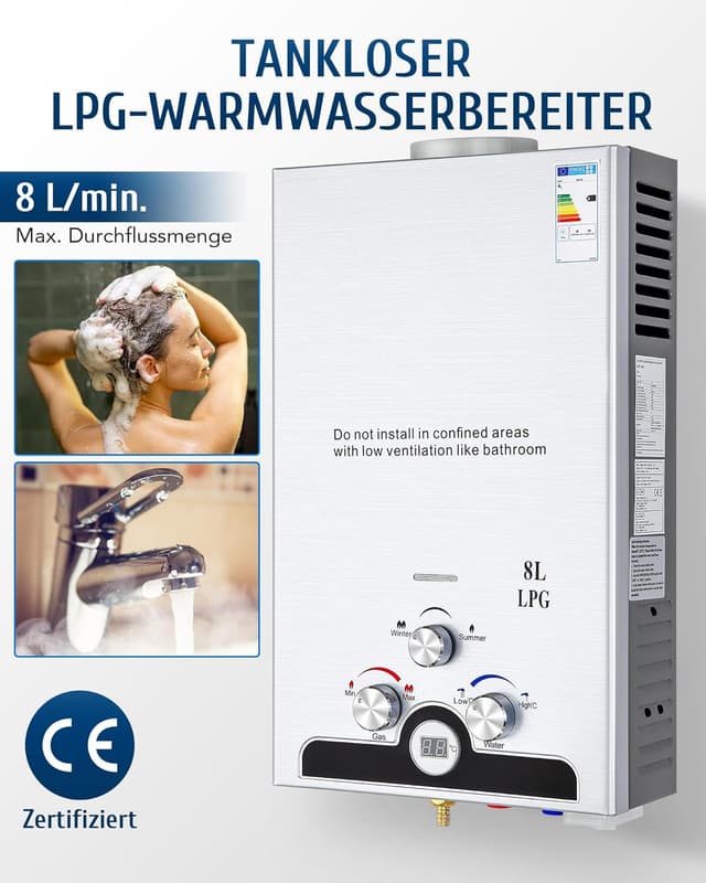 Detalle 2 de CO-Z 8L LPG-Gasdurchlauferhitzer (13,6 kW) – 8 l/min Tankless Warmwasserbereiter mit Sommer-/Winter-Muster