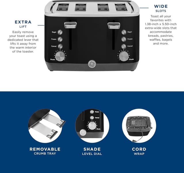 Detalle 2 de GE 4-Slice Toaster with Extra-Wide Slots, 7 Shade Settings (1500W) — Black