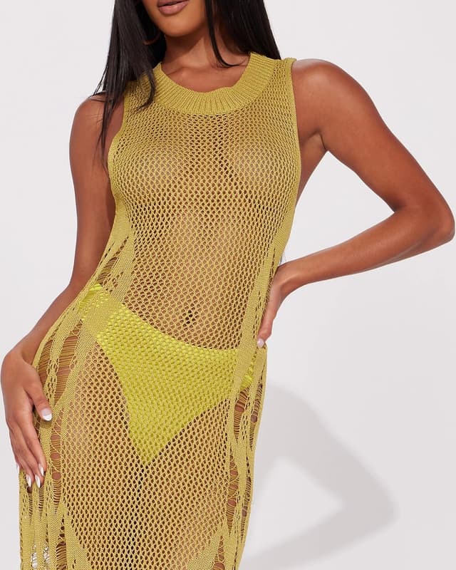 Detalle de Bsubseach crochet cover up dress for women with side split & hollow-out diamond pattern (sleeveless)