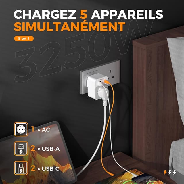 Detalle de TESSAN Adaptateur prise anglaise 5 en 1 type G avec 2 USB-C et 2 USB-A (3250W) pour Royaume-Uni, Irlande, Dubaï
