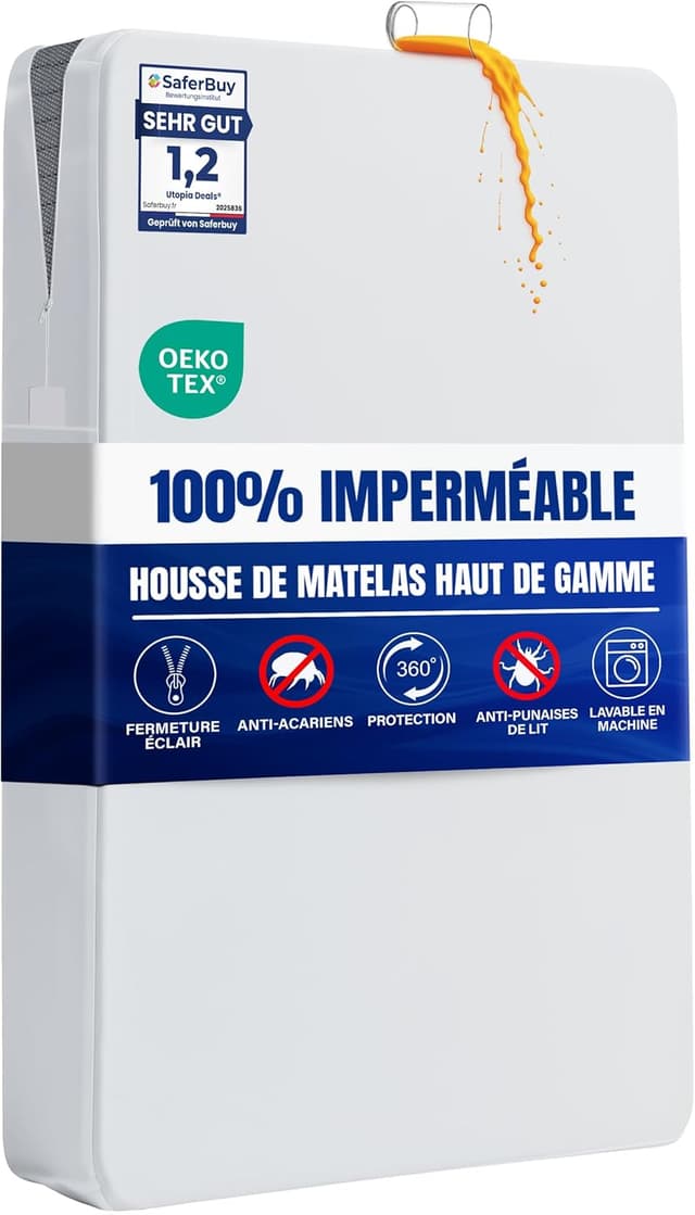 Detalle de Utopia Bedding Housse de matelas imperméable 90 x 190 x 30 cm avec fermeture éclair (Oeko-TEX)