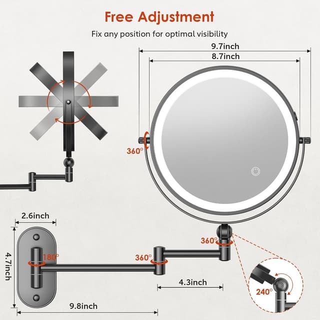 Detalle 2 de ZLOKLA 9" Wall Mounted Lighted Makeup Mirror with 1X/20X Magnification, Rechargeable 4000mAh Battery, 3-Color Dimmable Lights
