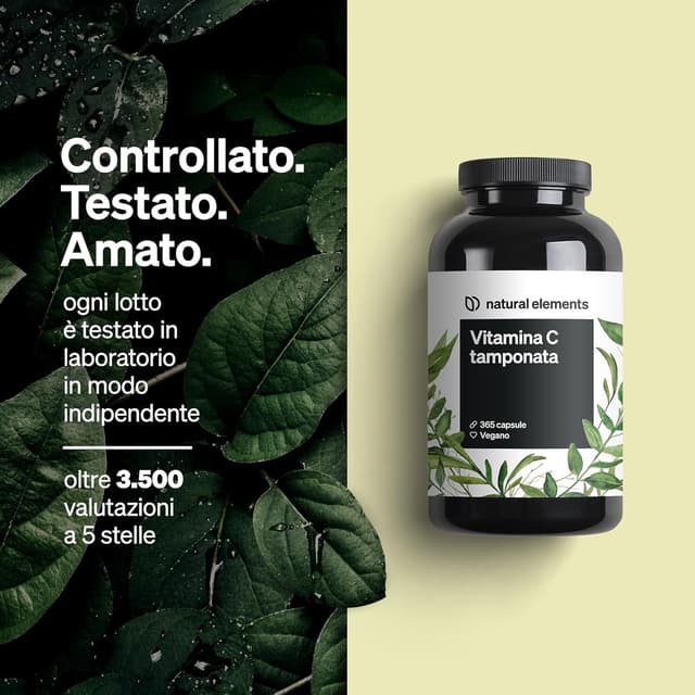 Detalle de Vitamina C tamponata 500 mg Natural Elements – 365 capsule vegane, altamente digeribile