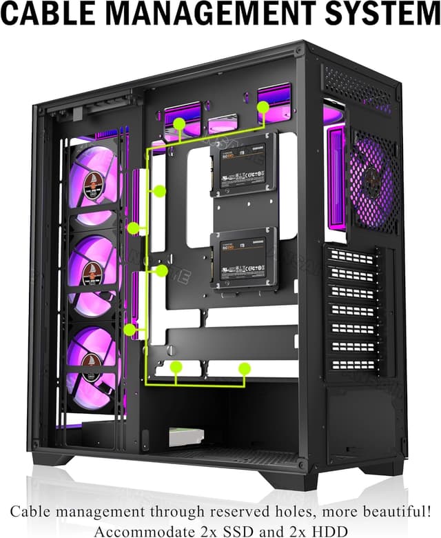 Detalle 2 de ANSAITE C9 PC Case (ATX Mid Tower) with 7×120mm PWM ARGB Fans, Panoramic 270° Tempered Glass, USB Type C, Black