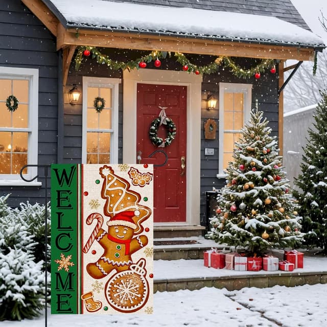 Thumbnail 1 de FUYUCHEN Welcome Gingerbread Man Garden Flag 12 x 18 in 🎍