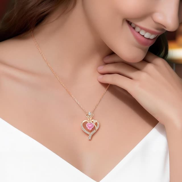 Detalle 2 de CDE Collier femme pendentif cœur et rose argent 925 personnalisable avec pierre de naissance