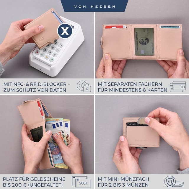 Detalle 2 de VON HEESEN Slim Wallet mit Münzfach, RFID-Schutz & Echtleder (Rose) – Kartenetui mit Geldklammer