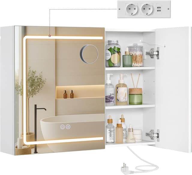 Detalle de Armoire murale de salle de bain VASAGLE Kailyn avec miroir, LED, multiprise et fonction anti-buée