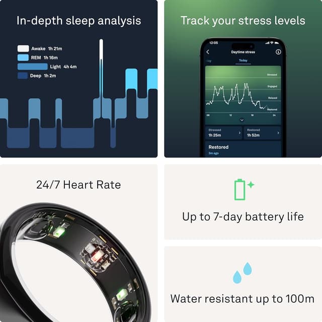 Detalle de Oura Gen3 Heritage Smart Ring (Size 8, Black) — sleep, heart rate & fitness tracking wearable