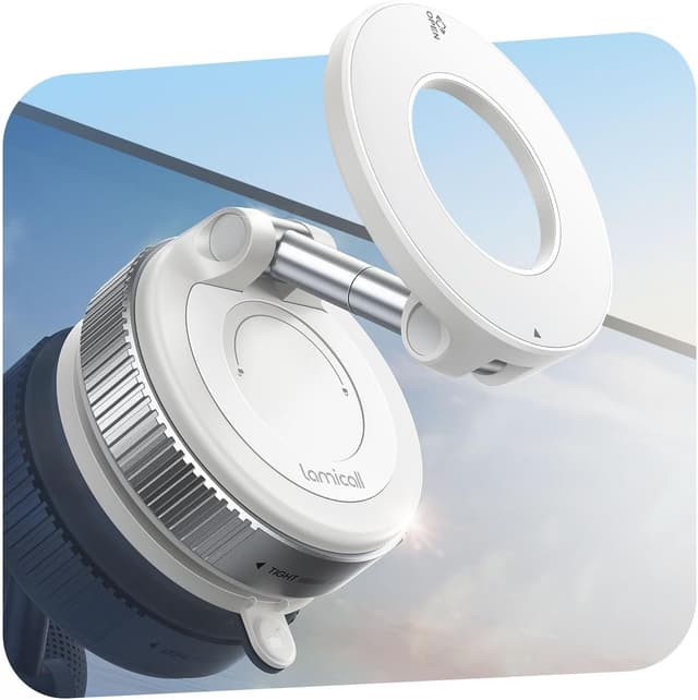 Detalle de Lamicall Vacuum Magnetic Car Phone Holder (2025) with MagSafe-style support and 360° rotation – White