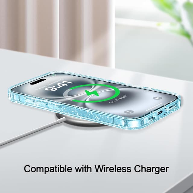 Detalle 2 de AROYI 3 in 1 Clear Glitter Case for iPhone 16 (6.1") with 2x Tempered Glass Screen Protectors, Blue