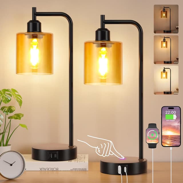 Detalle de Aooshine industrial table lamps with amber glass shade (2-pack, touch dimmable, USB ports, bulbs included)