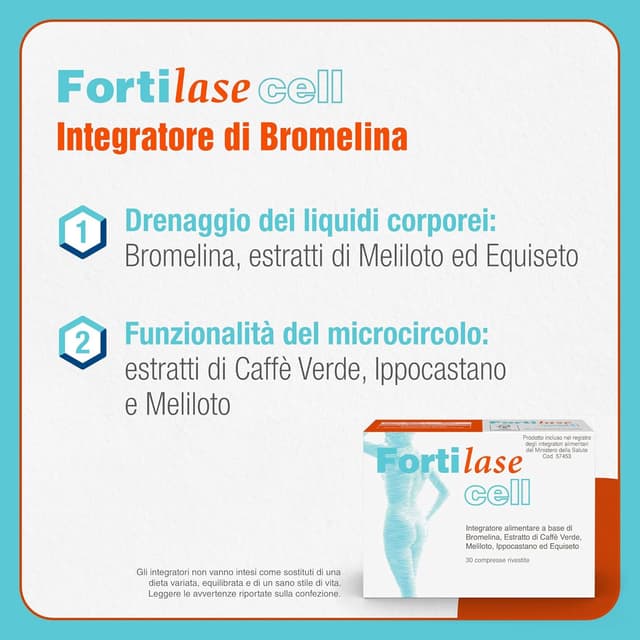 Detalle de Fortilase Cell – Integratore alimentare con bromelina, caffè verde, melitolo, ippocastano ed equiseto (30 compresse)