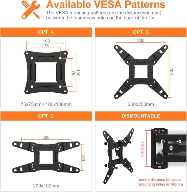 Detalle 2 de GRIFEMA GB1008-2 TV Wall Bracket (13–43 inch) – Swivel, Tilt & Extendable Mount up to 20KG, Max VESA 200×200mm