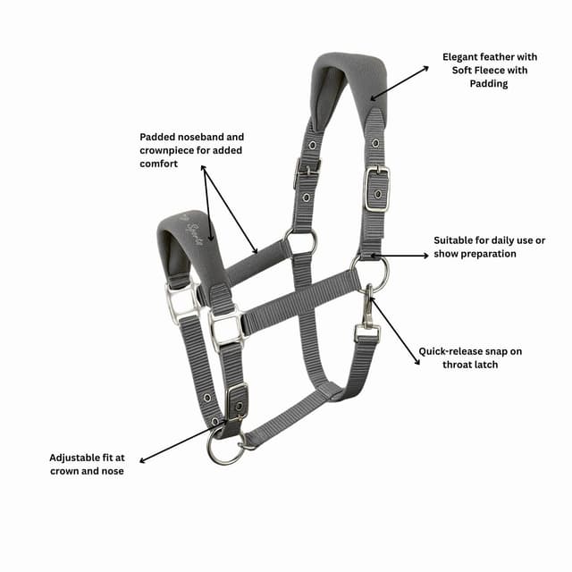 Detalle 2 de AK Feather Soft Padded Horse Head Collar with Fleece Cheek Lining – Extra Comfort Padding, Adjustable Curb & Poll Straps (Dark Grey, Full/L)