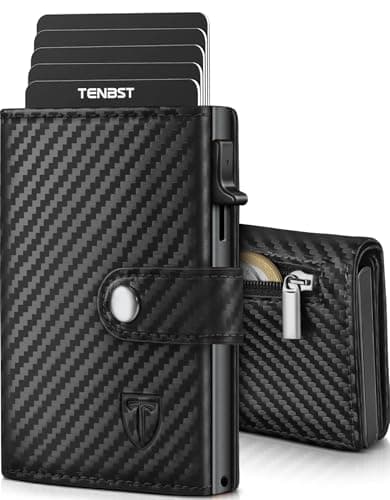 Detalle de TENBST Cartera a Cuadros para Hombre con tarjetero emergente, RFID y monedero con cremallera