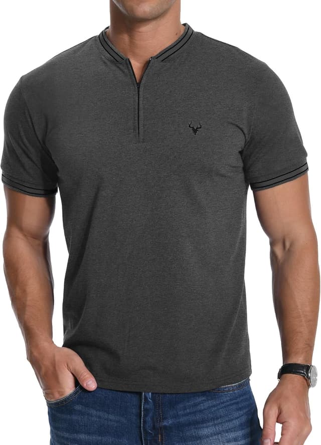 Thumbnail 6 de PCEAIIH Men’s Henley Zip Stand Neck T-Shirt with Deer Head Embroidery