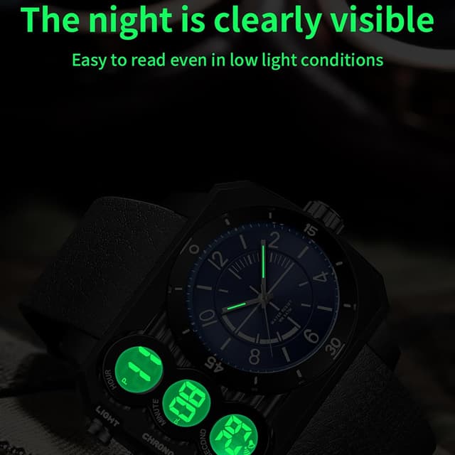 Thumbnail 6 de findtime Herrenquadratische Digital-Analog-Uhr mit 3 Zeitzonen und LED-Beleuchtung