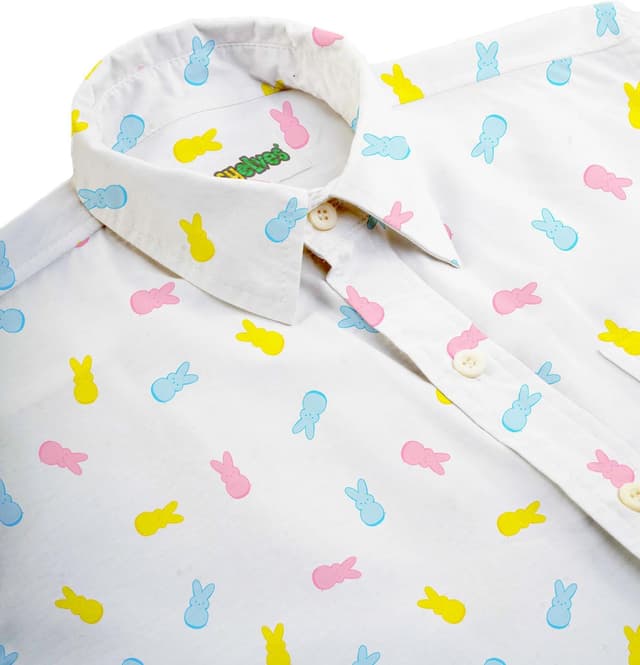 Detalle de Tipsy Elves Men’s Easter Hawaiian Shirt (Peeps®) — Short Sleeve Button-Down Pastel Vacation Style