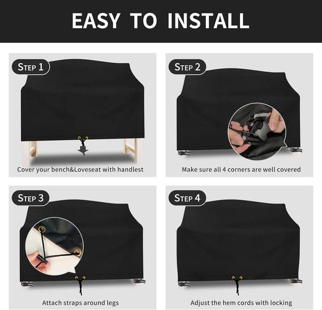 Detalle 2 de PATIO PLUS 2 Seater Garden Bench Cover Waterproof with Air Vent (134x66x63/89cm) – Tear-Resistant 600D Oxford, Black